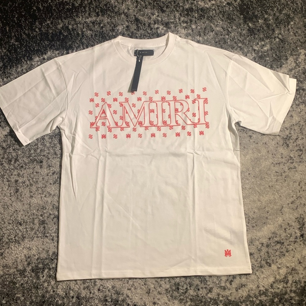 Amiri Stitched Bandana  Print Logo MA Splatter T-Shirt White and Red Men’s Large